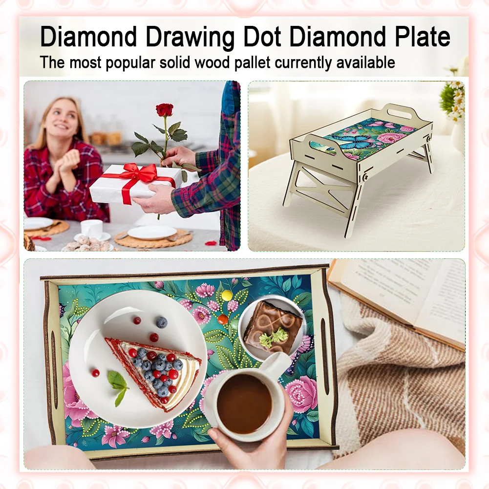 DIY Diamond Painted Dining Plate with Handle Wooden Food Tray Home Decor Gift
