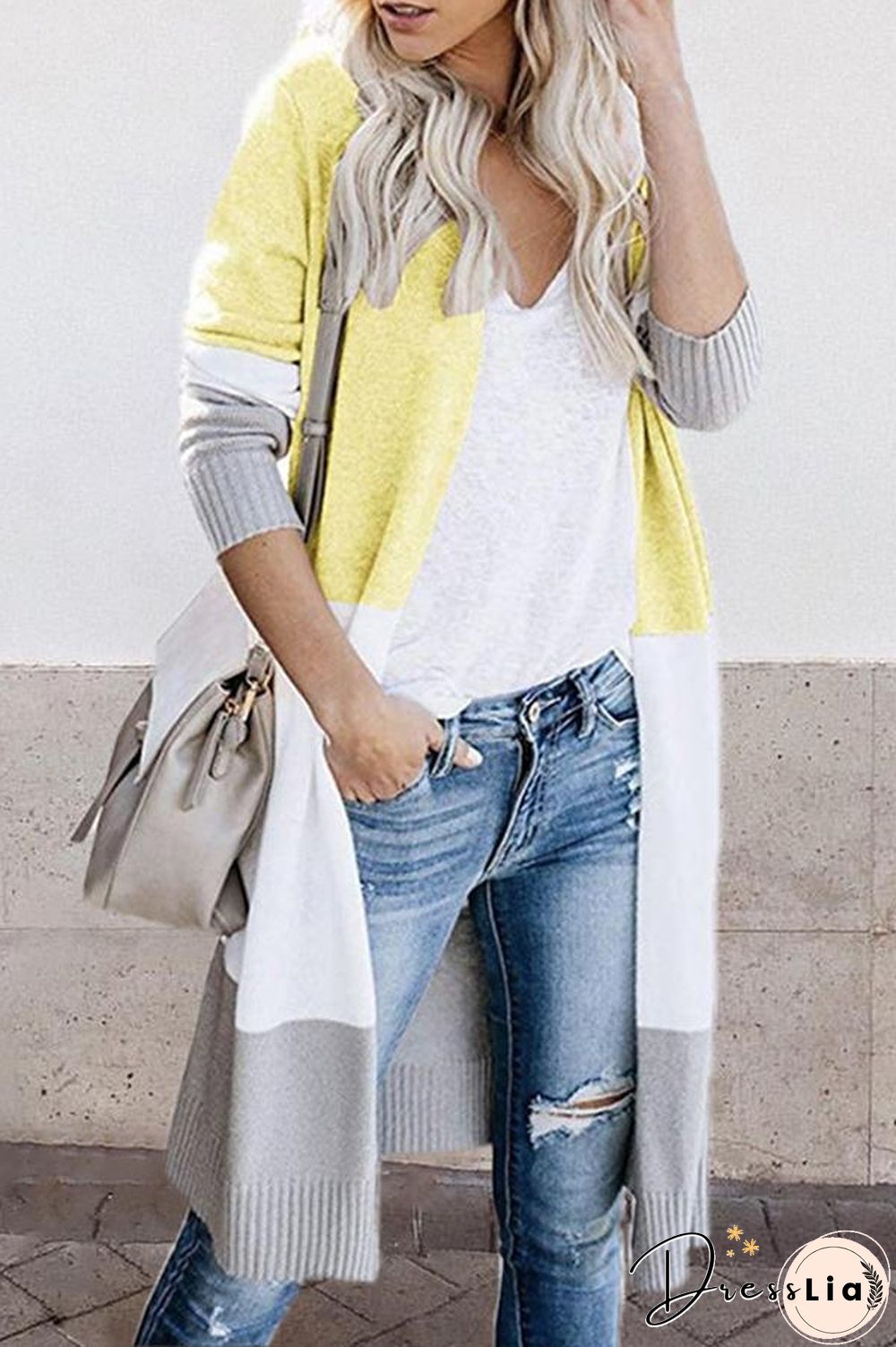 Three-color Striped Stitching Long Cardigan (4 Colors) P15909