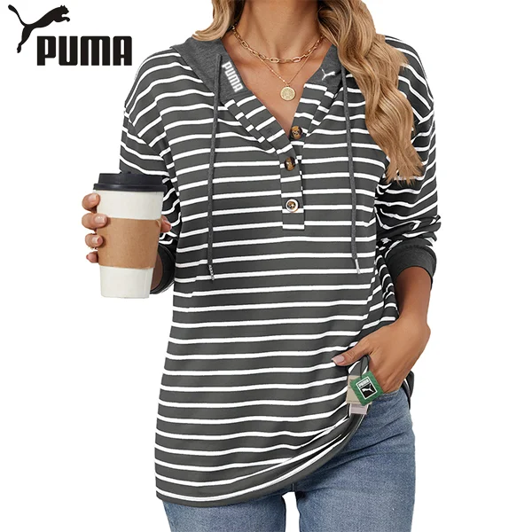 Puma-Nowa luźna bluza z długimi rękawami i kontrastowymi przeszyciami w paski