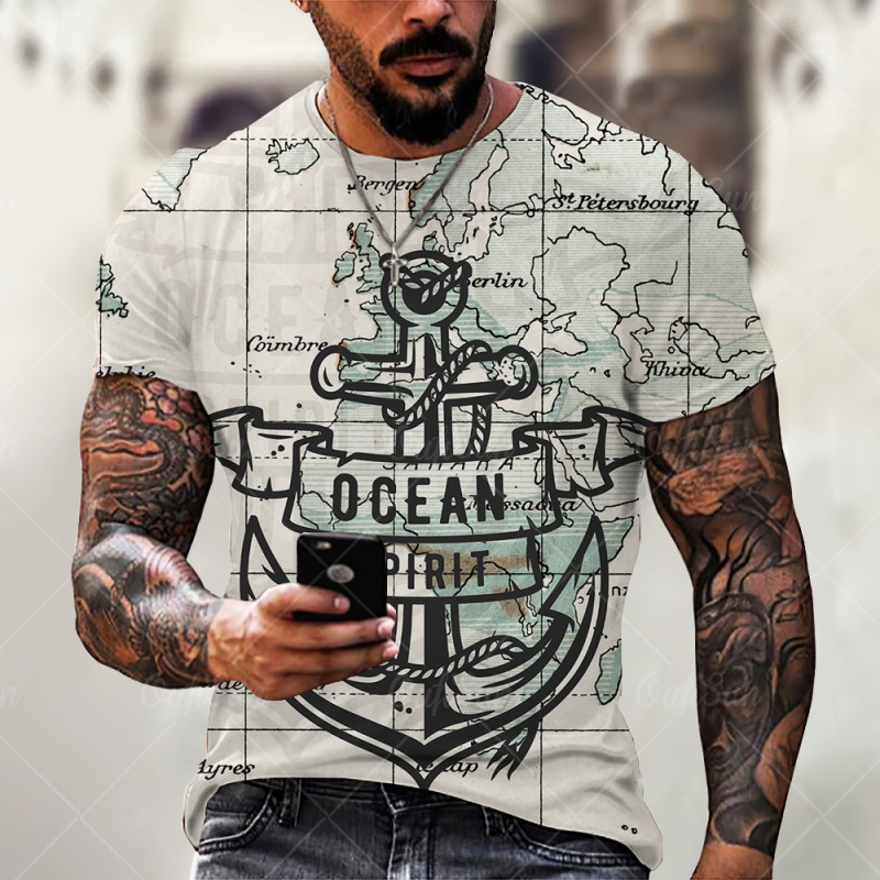 Anchor Print Summer Crew Neck Short Sleeve Casual Loose Mens T-Shirts-VESSFUL