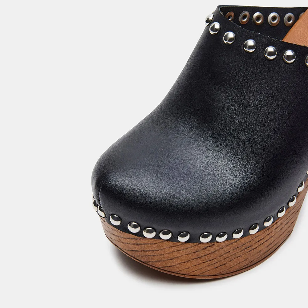 Black Closed Round Toe Chunky Heel Platform Mules with Studded