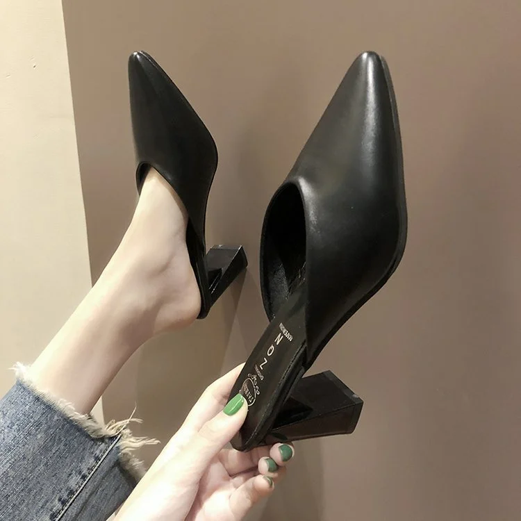 Wongn Wongn Summer New Korean Version Of Pointed Head Half Drag Pointed Head Thick Heel Slippers High Heels Women's Shoes
