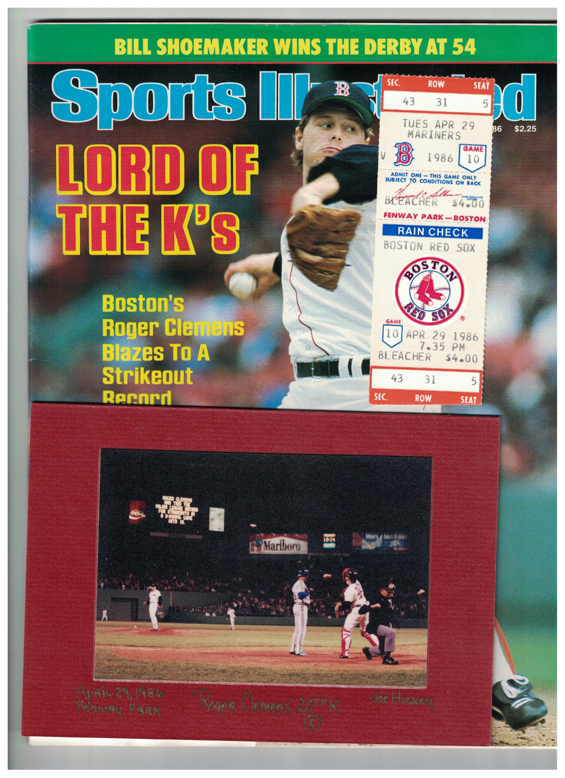 Roger Clemens Boston Red Sox 4/29/86 20 K Game Ticket & Photo Poster painting & SI Mag C