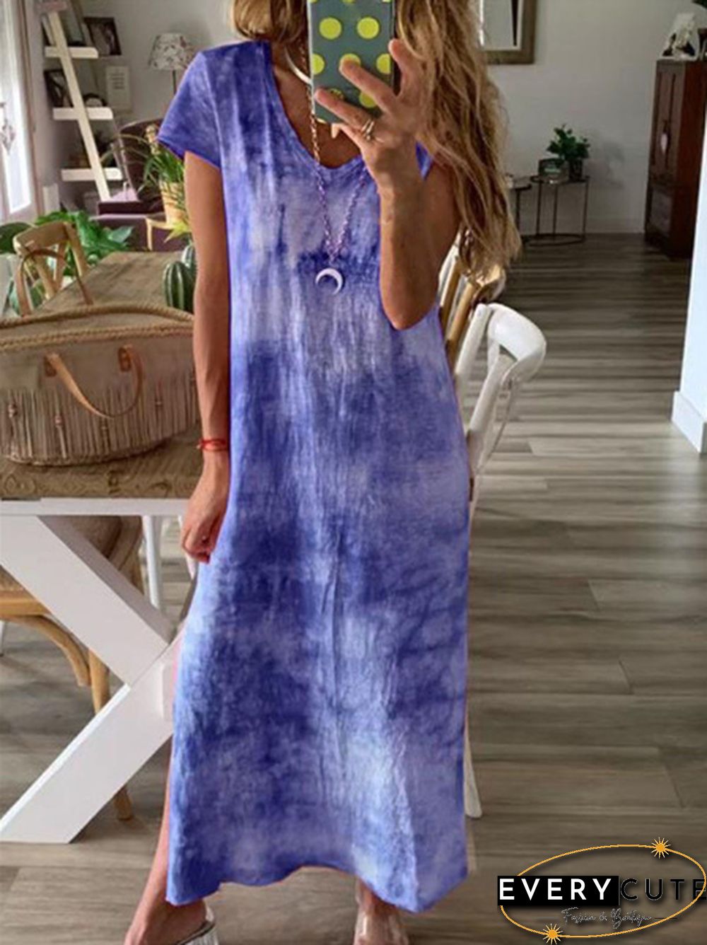 Summer Fashion Tie-Dye Short Sleeve Long Dress Loose V Neck  Maxi Dress