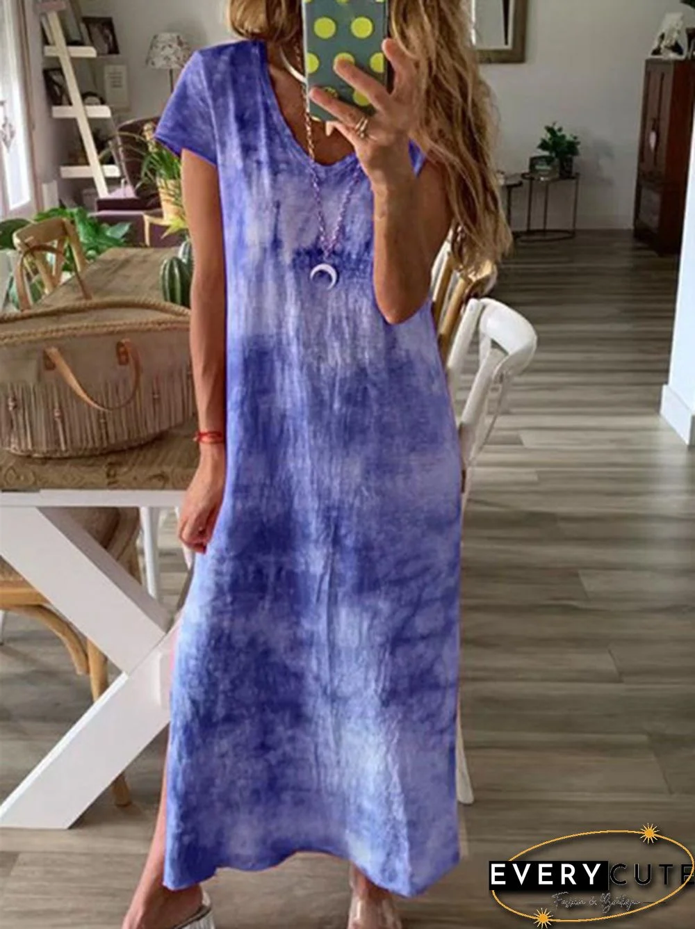 Summer Fashion Tie-Dye Short Sleeve Long Dress Loose V Neck  Maxi Dress