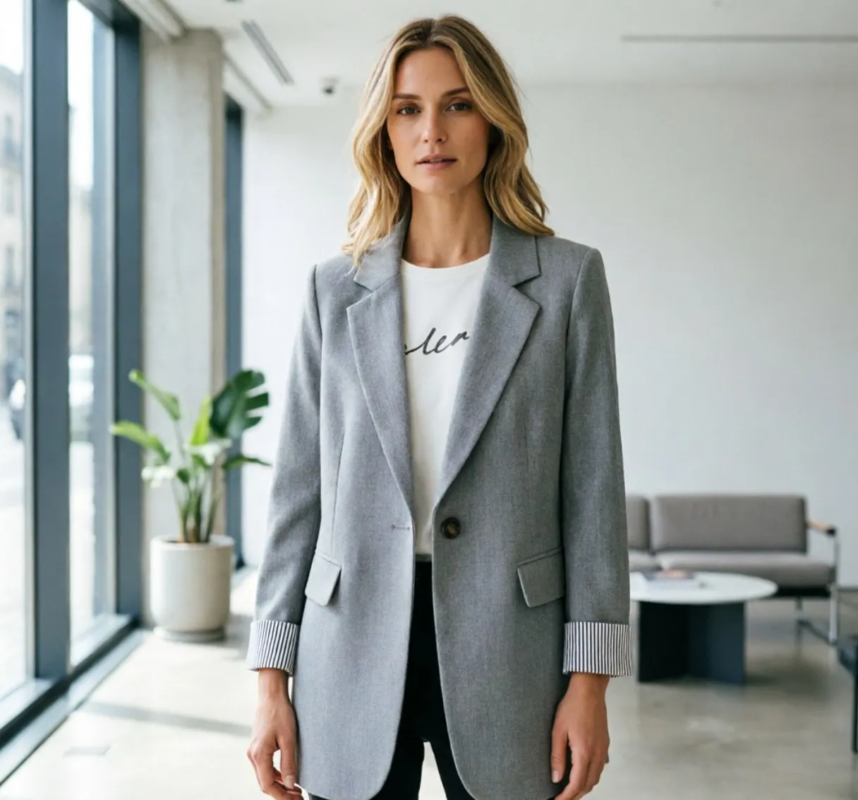 Women Casual Lapel Blazer Single Button Roll‑Up Cuff Lightweight Office Jacket