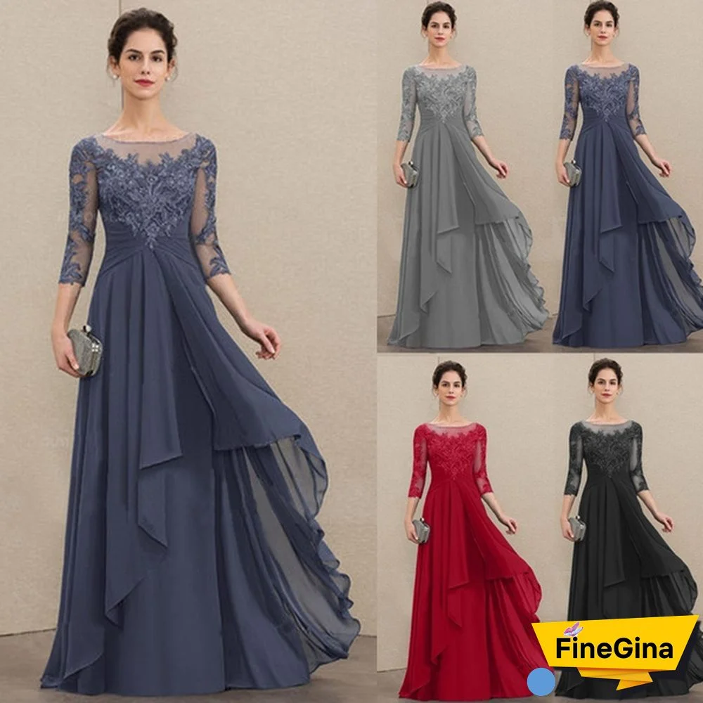 New Women Fashion Chiffon Lace Dresses Mother of The Bride Long Dress Patchwork Sexy Elegant Half Sleeve A-Line Scoop Neck Evening Dress Floor Length Party Dress Ladies Plus Size Maxi Prom Dress