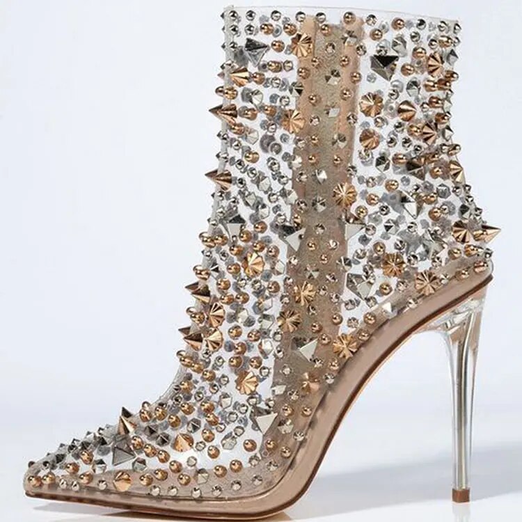 TAAFO Pointed Toe Stiletto Rivets Shoes Women's Clear Ankle Boots Ladies Shoes