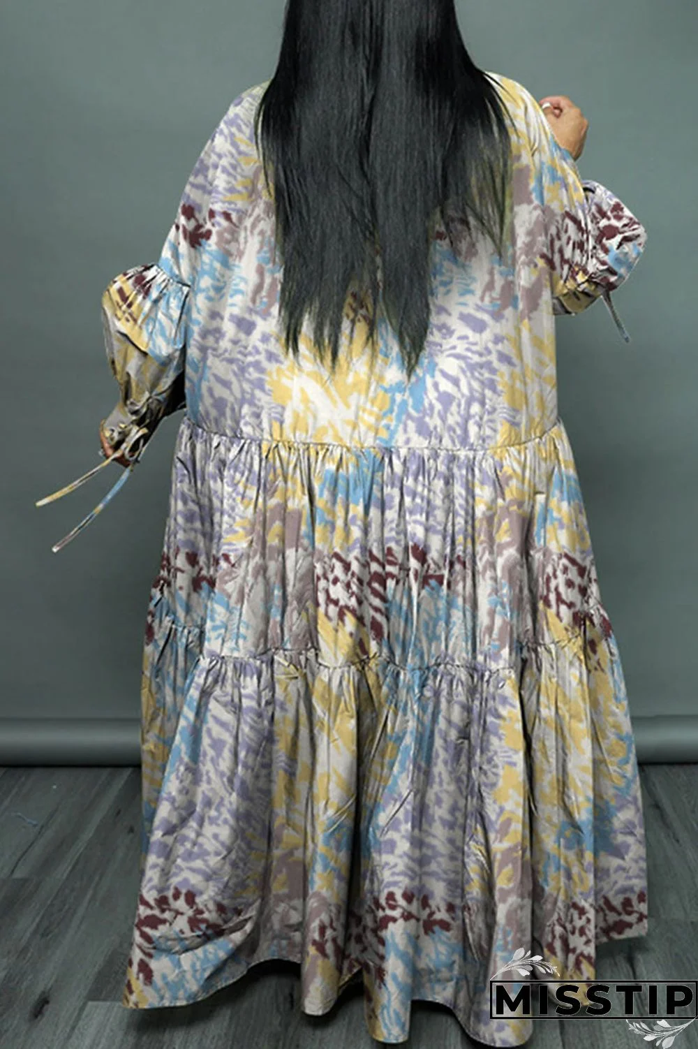 Cyan Casual Print Patchwork Buckle Fold Turndown Collar Long Dress Plus Size Dresses