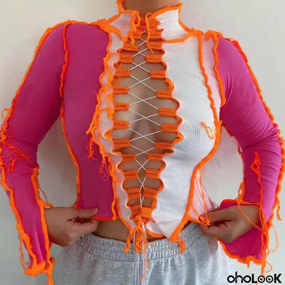 Autumn Knitted Contrast Sexy Lace Up Crop Top with Full Sleeves