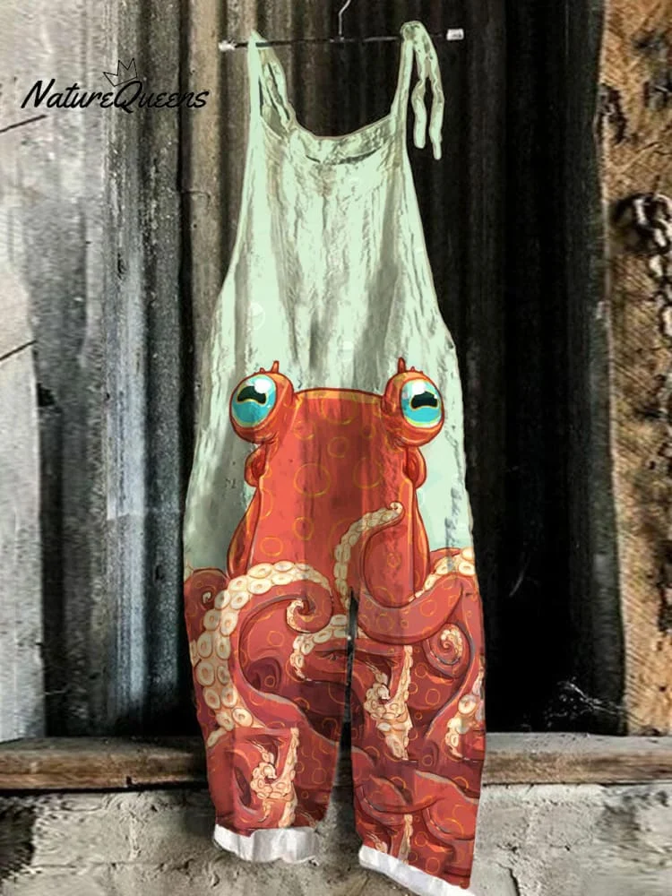 Cute Octopus Linen Blend Loose Casual Jumpsuit