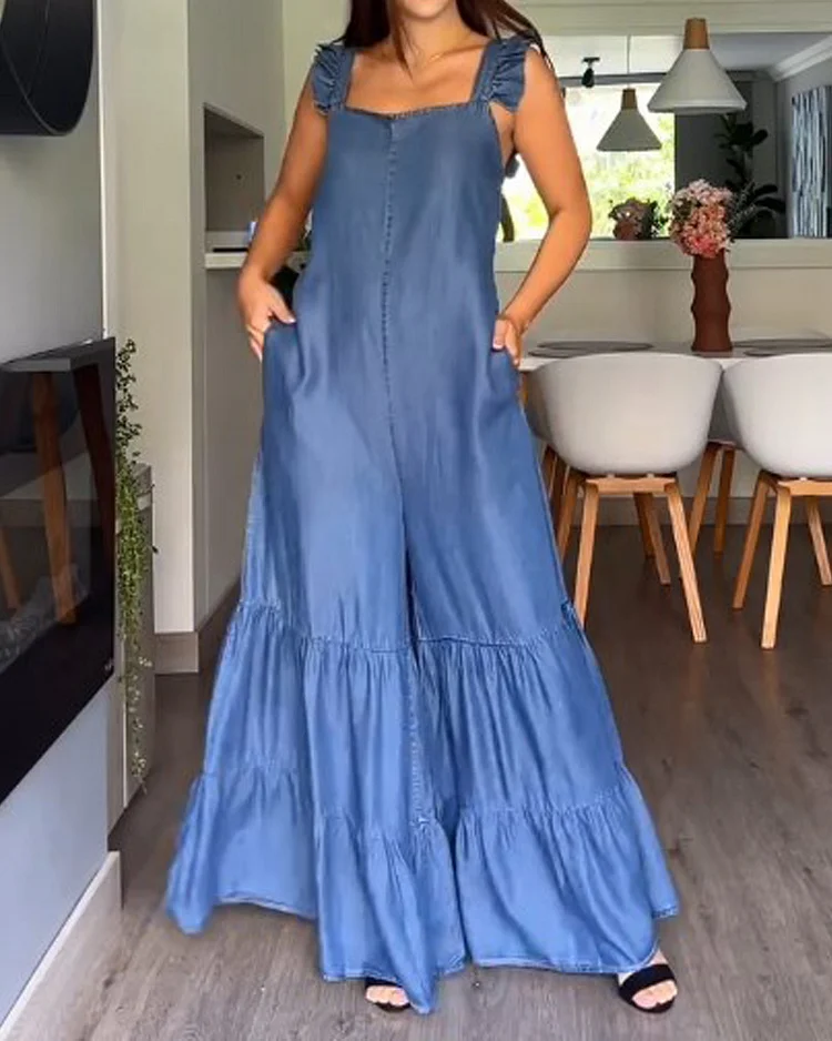 Butterfly Sleeve Faux Denim Solid Color Jumpsuit