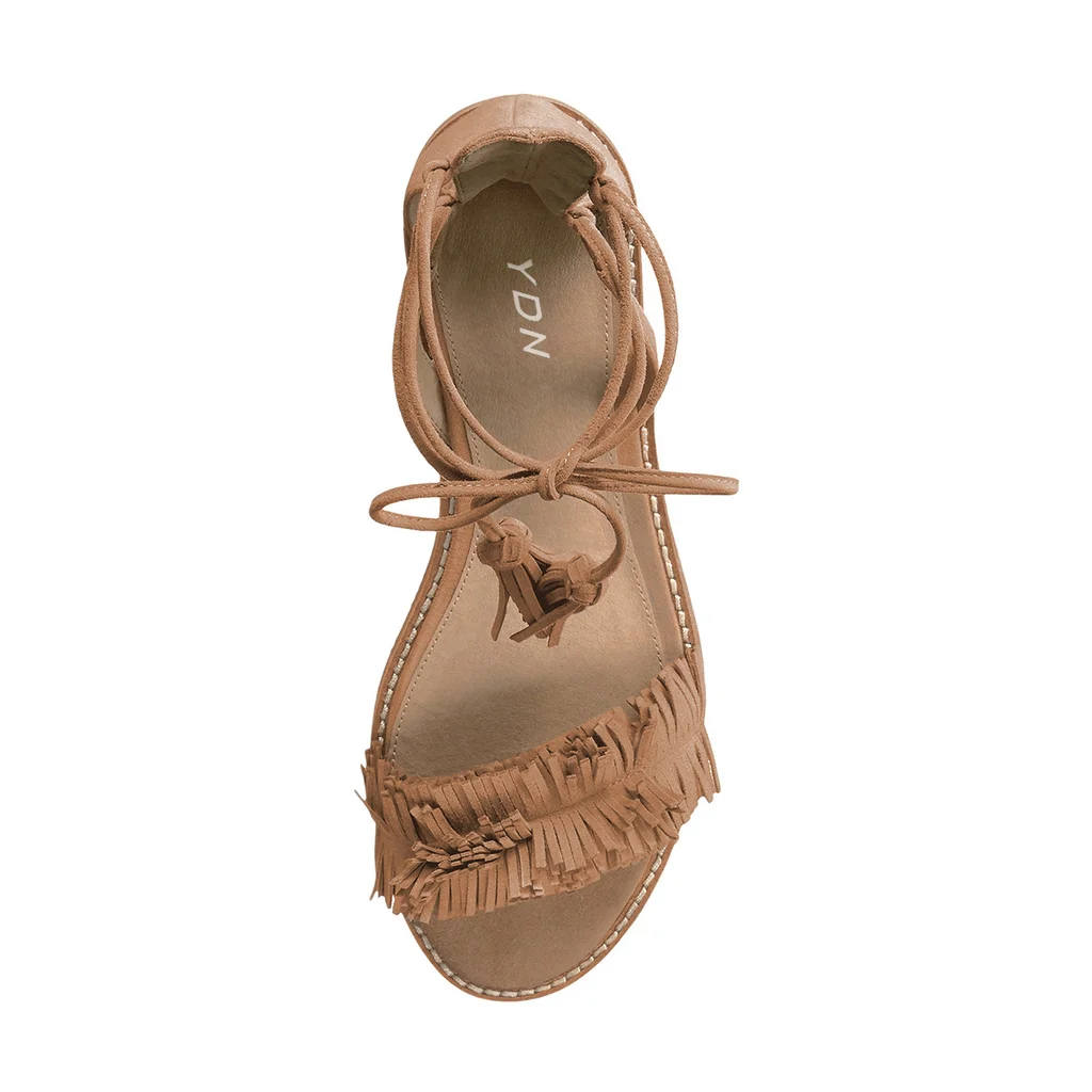 Women's Faux Suede Round Toe Lace-Up Flat Comfy Sandals in Beige