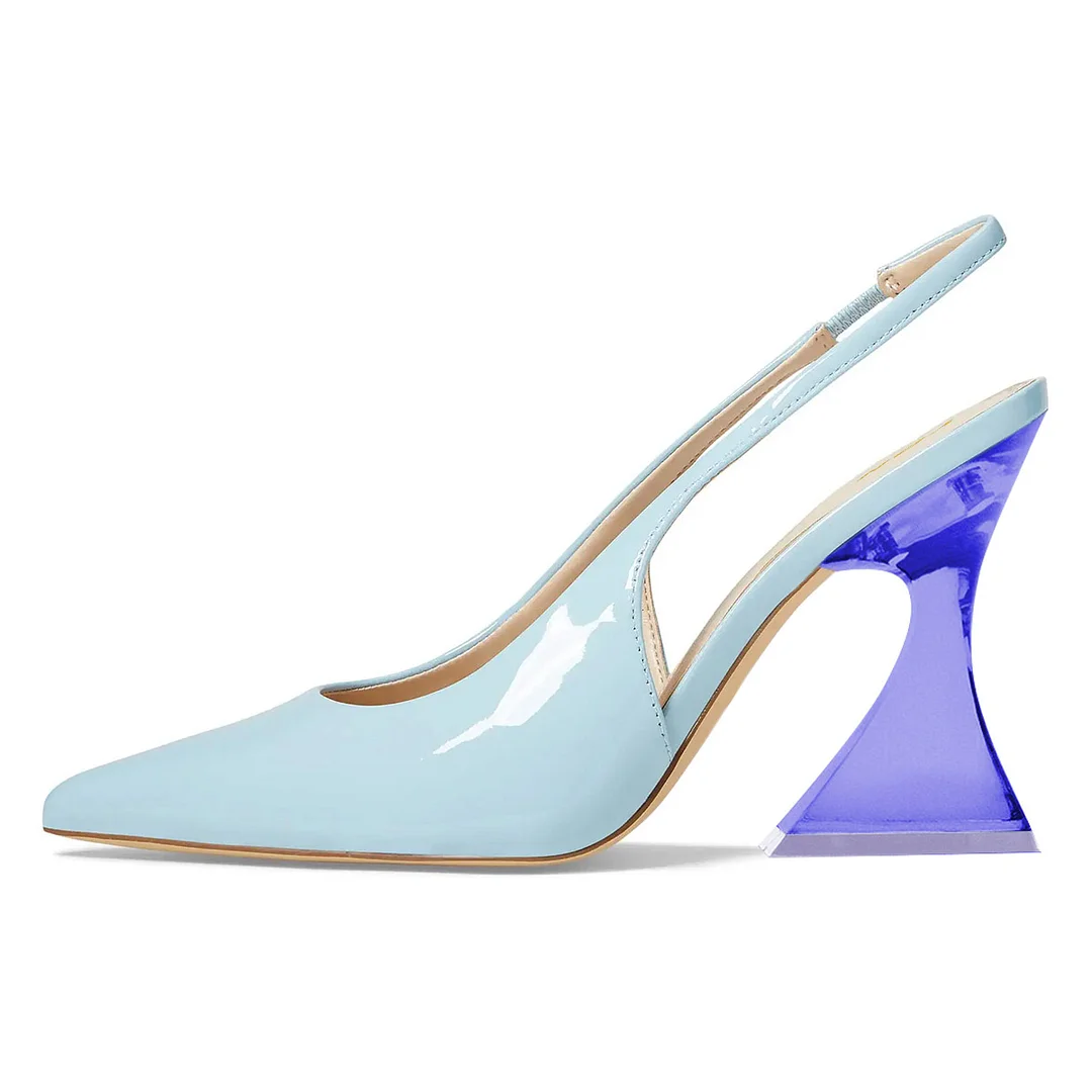 YDN Light Blue Patent Leather Pointed Toe Slingback High Heels