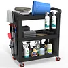 Wanmwill 3 Tier Car Detailing Cart, Auto Detail Cart with Wheels, Car Wash Detail Trolley with Side Hanging Plate & Hooks, Detailing Tool Organizer Cart for Mechanics & Detailers?Black?