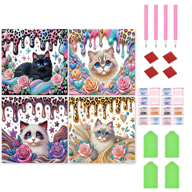 4pcs Flower Cat - Special Shaped Drill Diamond Painting - 30*30CM(Canvas)