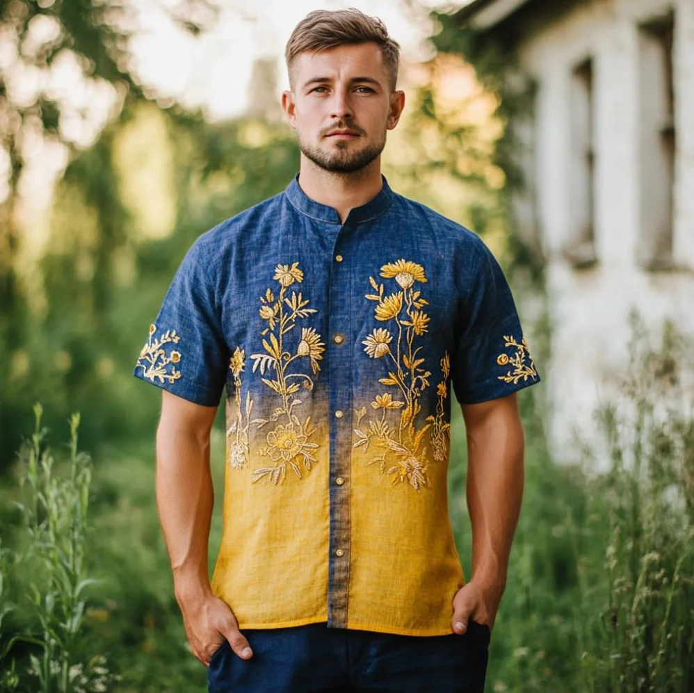 Men's Ukrainian Folk Floral Embroidered Gradien Art Linen Blend Cozy Shirt