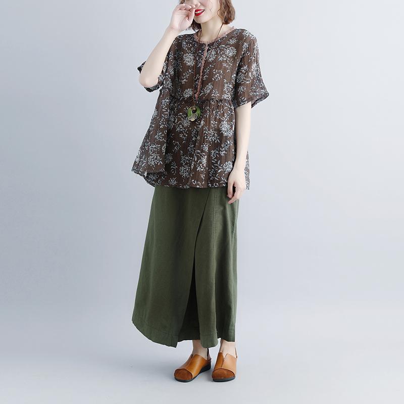 FineGina New linen tops plus size clothing Round Neck Casual Summer