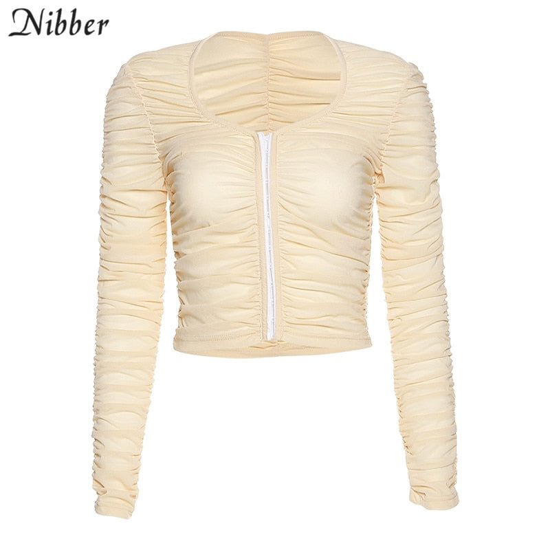 Nibber elegant office lady Chiffon crop top female street pure   pleated casual wear 2020 harajuku party club woman slim tshirt