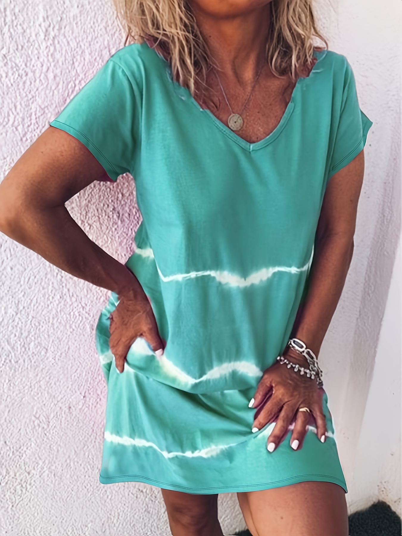 2025 New Arrival Women's Elegant V-Neck Dress, Short Sleeve, Solid Color, Polyester, Casual Style, Spring/Summer, Adult, Printed Pattern, Adult Casual Dress | Vneck Dress | Polyester Dress | IFYHOME