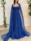 Dark Cobalt Royal Blue Sparkling Gold Stars Prom Dress Draped Corset Bodice Starry Pattern Tulle Cape Robe Wedding Guest With Pockets