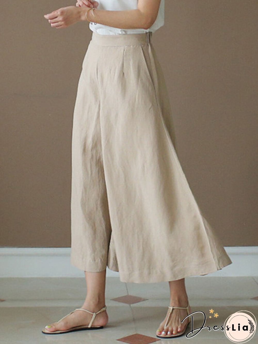 Solid A-line Pocket Loose Crop Wide Leg Pants
