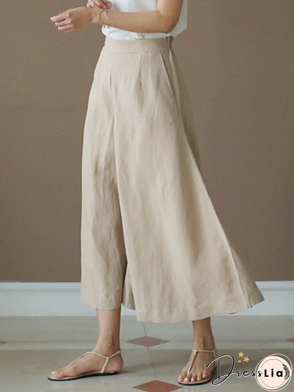 Solid A-line Pocket Loose Crop Wide Leg Pants