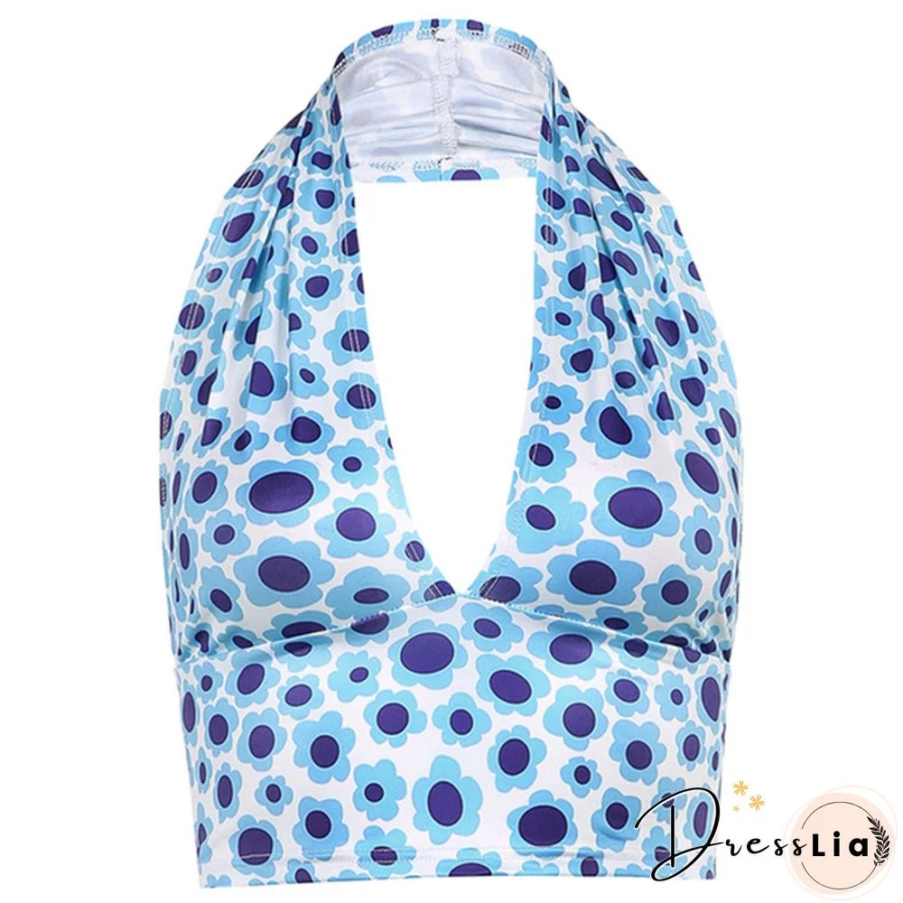 Women Halter Deep V Neck Sleeveless Crop Top Summer Holiday Fashion Floral Print Camisole Backless Vest