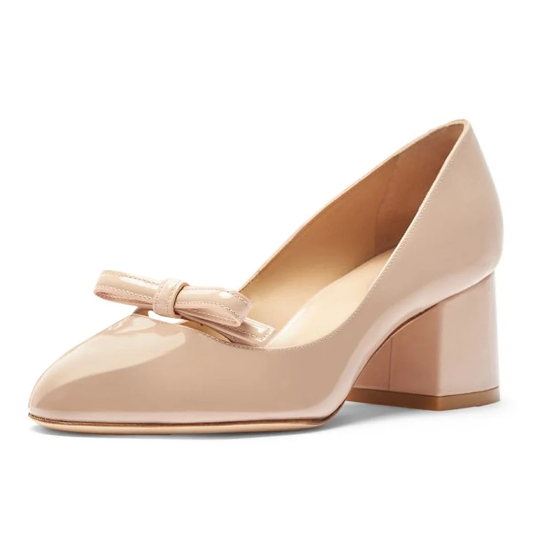 YDN Nude Patent Leather Round Toe Bow Decor Block Heel Pumps