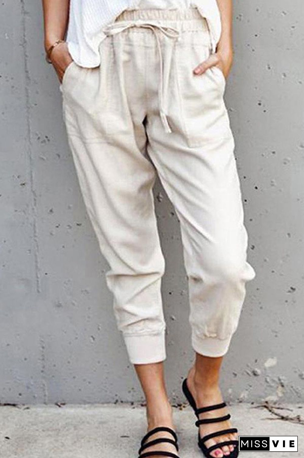 Casual Solid Lace-up Slim Cropped Trousers