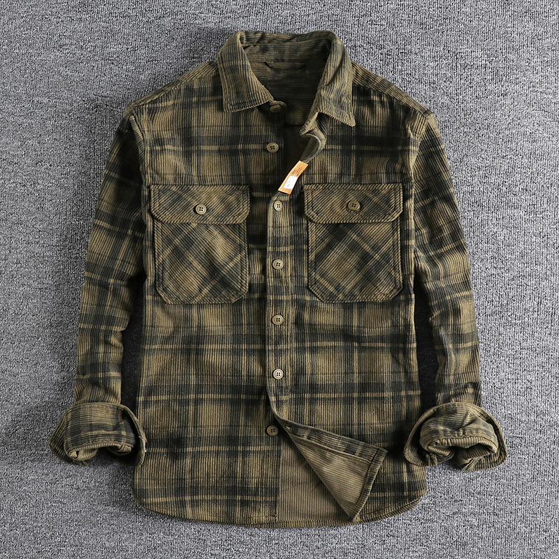 Vintage Washed Corduroy Plaid Long-Sleeved Shirt