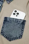 Women's Beige Short Sleeve Ribbed Knit Denim Patchwork Polo Collar Dress