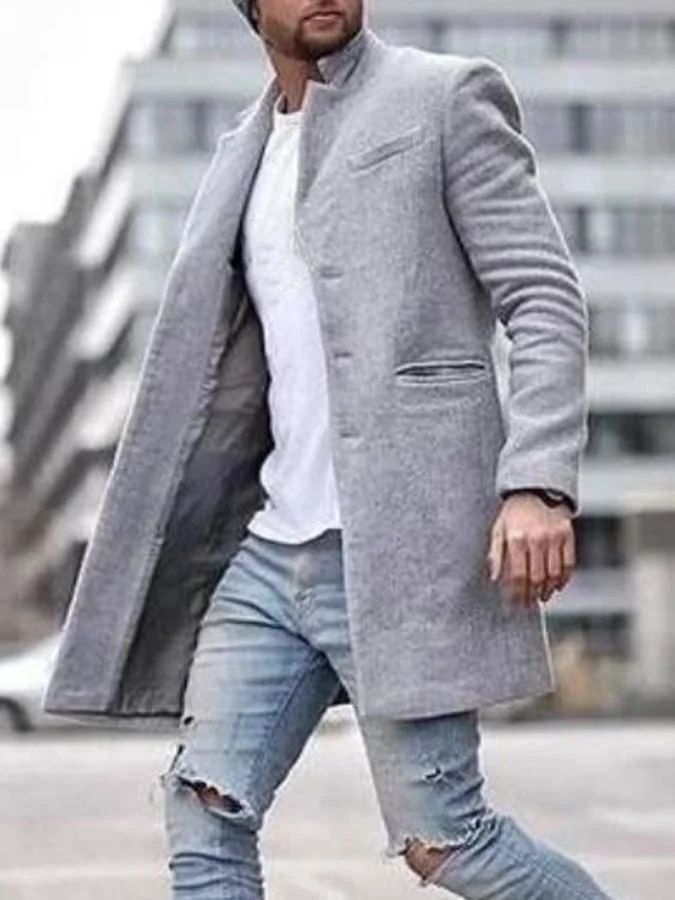 Men'S Commuting Button Lapel Mid-Length Woolen Coat