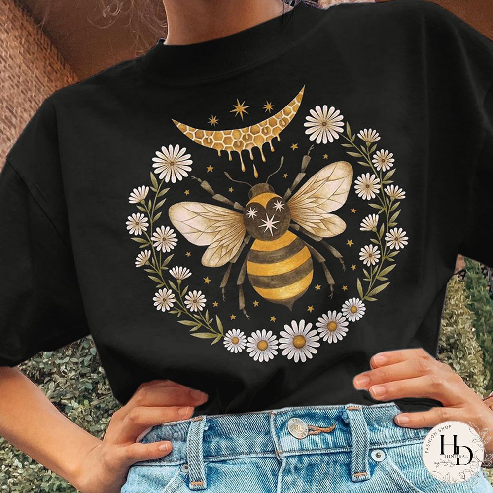 Vintage Round Neck Short-Sleeved Bee Flower Print Tee