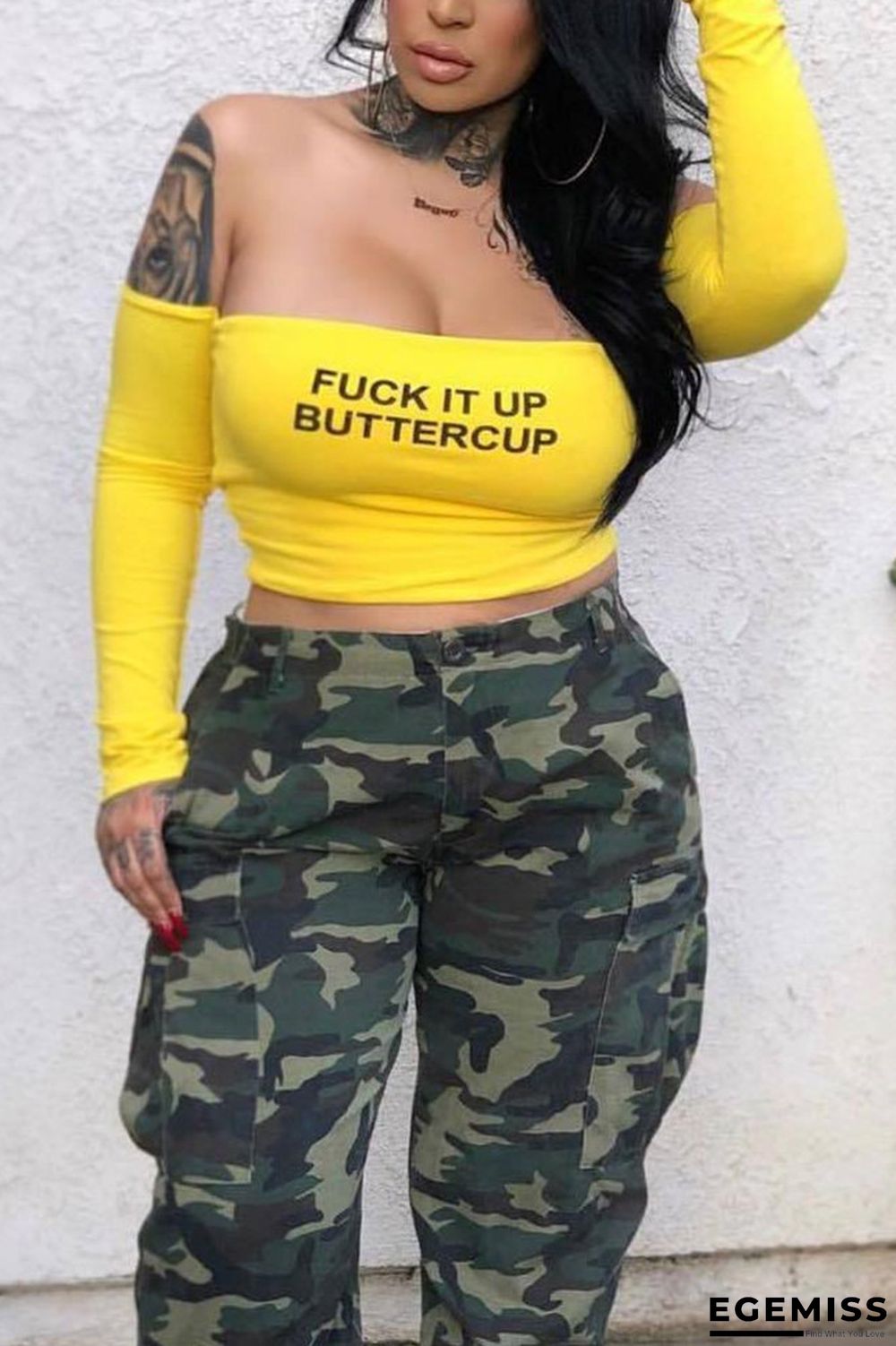 Yellow Fashion Off Shoulder Alphabet Top | EGEMISS