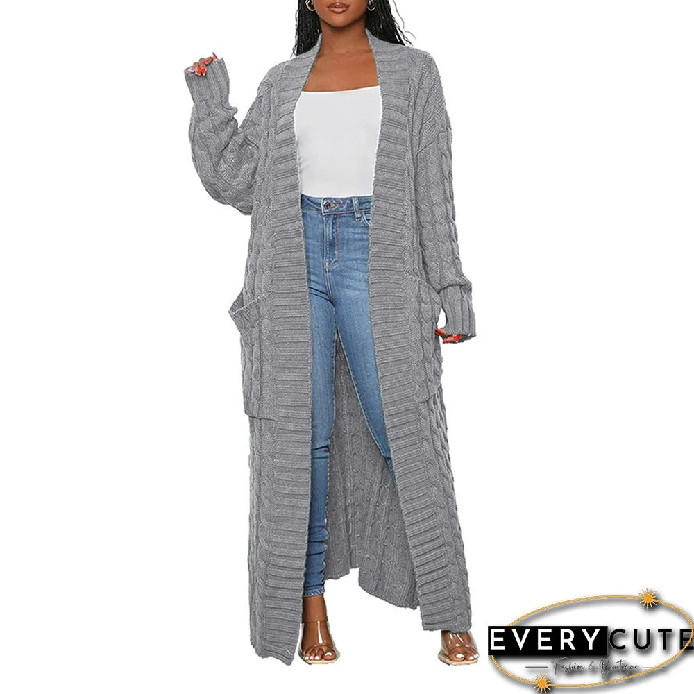 Gray Open Front Cable Knit Pocket Long Cardigan