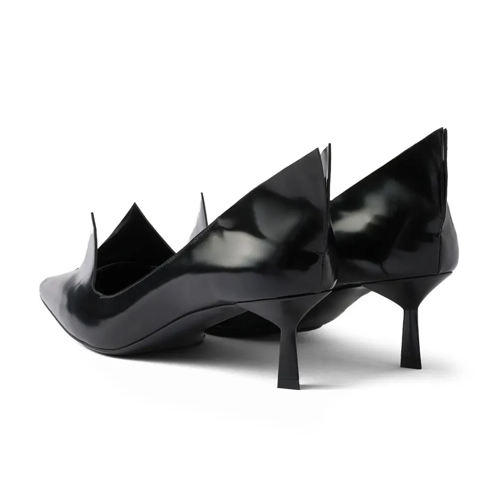 Trendy Cut-Out Mid Flared Heel Pointed Toe Black Pumps for Women