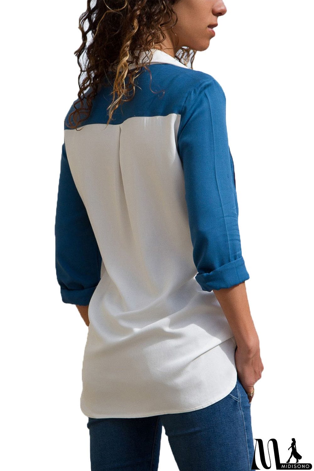 MidiSono - Navy Blue Color Block Long Sleeve Button Up Shirt
