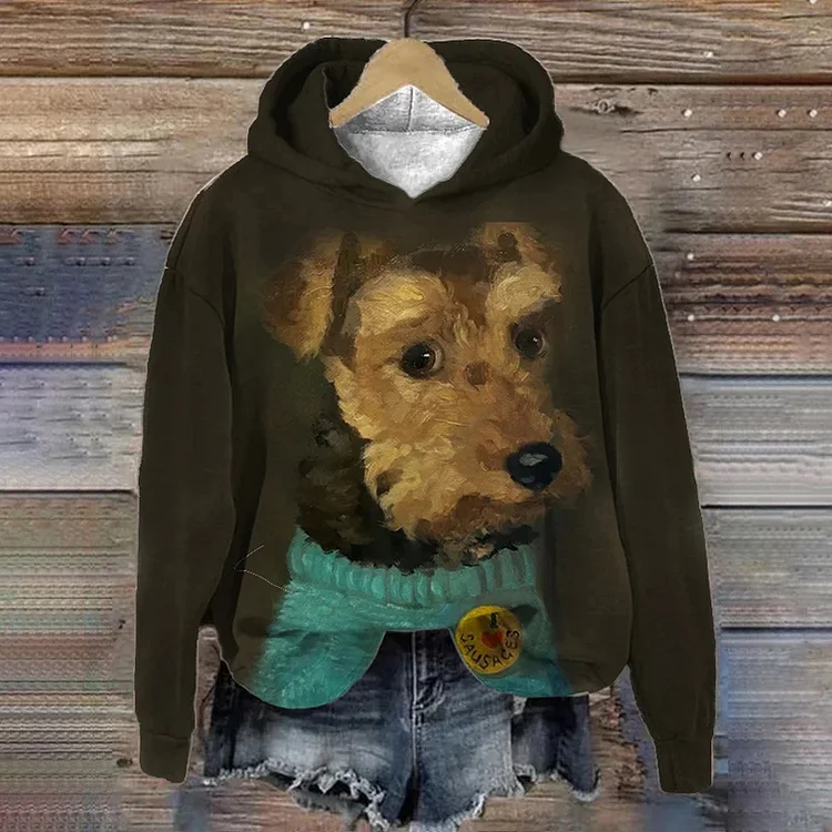 Wearshes Women's Cute Sweater Puppy Oil Painting Print Casual Hoodie