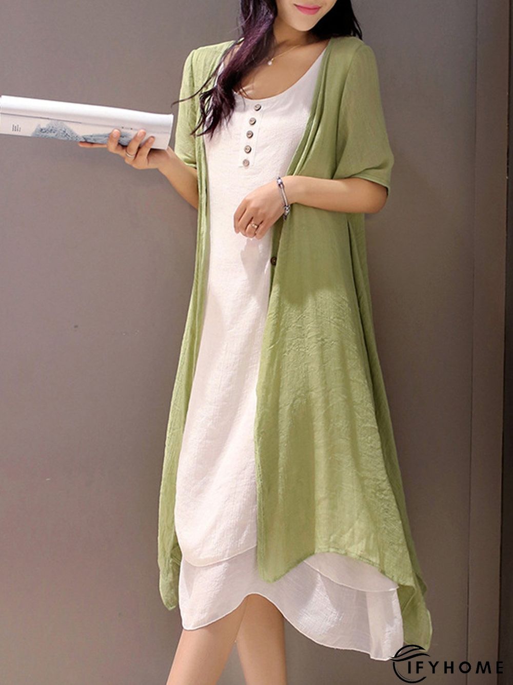 Casual Crew Neck Two Piece Buttoned Casual Dress | IFYHOME