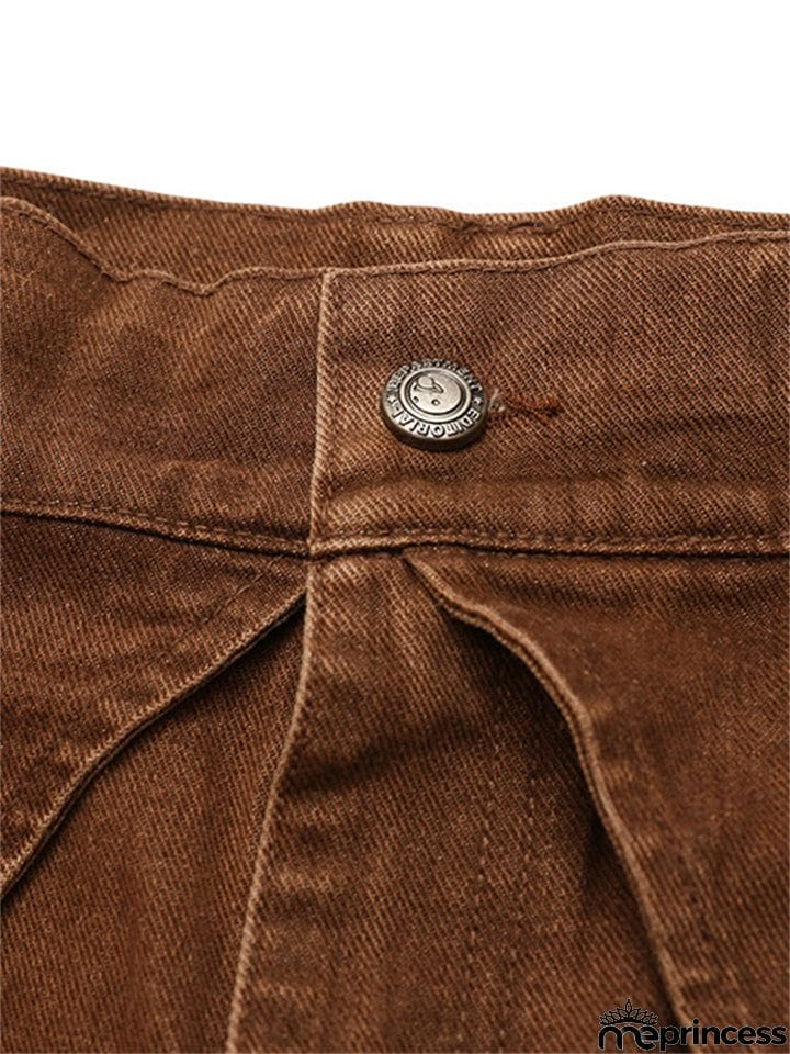 Men's Fashion Hip-Hop Loose Metal Buckle Multi-Pockets Jeans