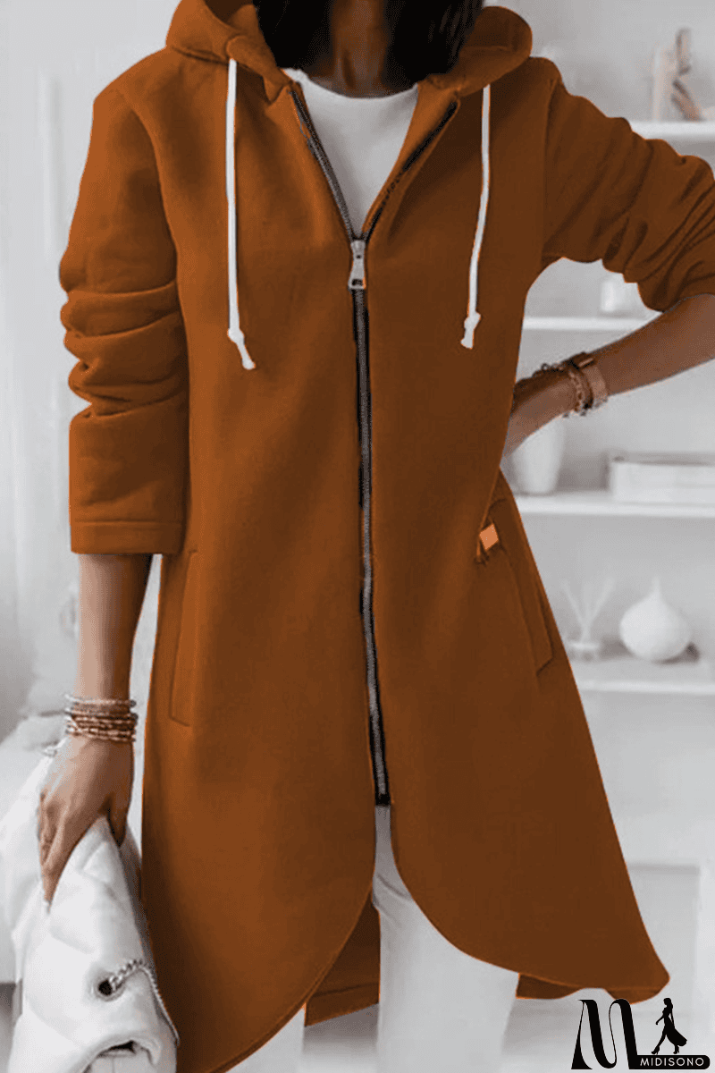MidiSono - Casual Solid Draw String Zipper Hooded Collar Outerwear(8 Colors)