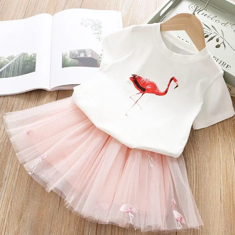 Girls Clothing Sets 2021 Summer Princess Girl Bling Star Flamingo Top + Unicorn Print Dress 2pcs Set Children Clothing Dresses