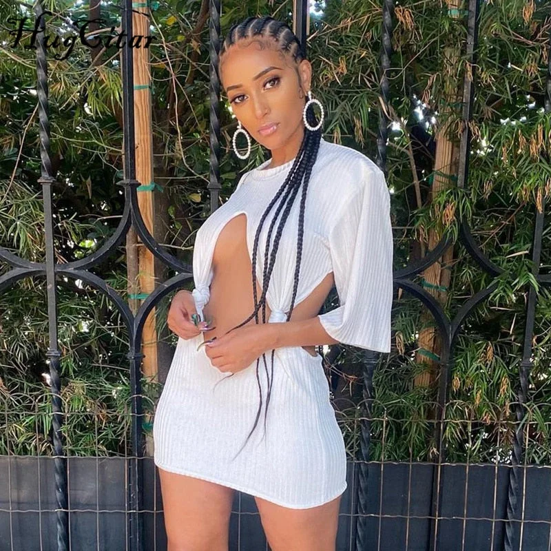 Hugcitar Solid Short Sleeve Hollow Out Backless Bandage Mini Sexy Dress 2021 Summer Autumn Women Fashion Outfits Party Club Y2K