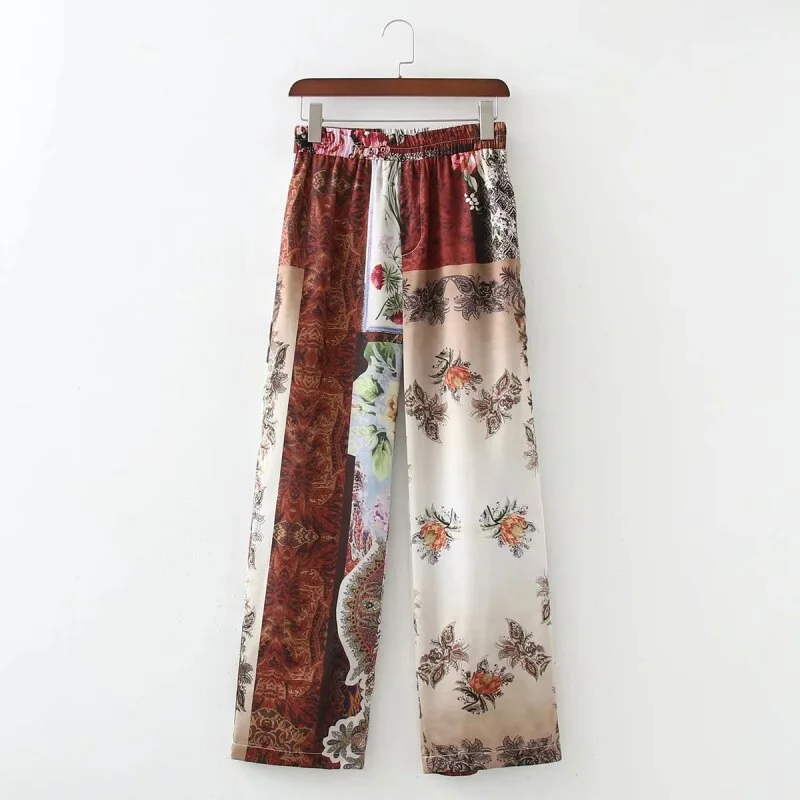 SLMD Vintage Chic Contrast Colors Patchwork Print Pants Women 2021 Fashion Elastic Waist Side Pockets Trousers Pantalones Mujer