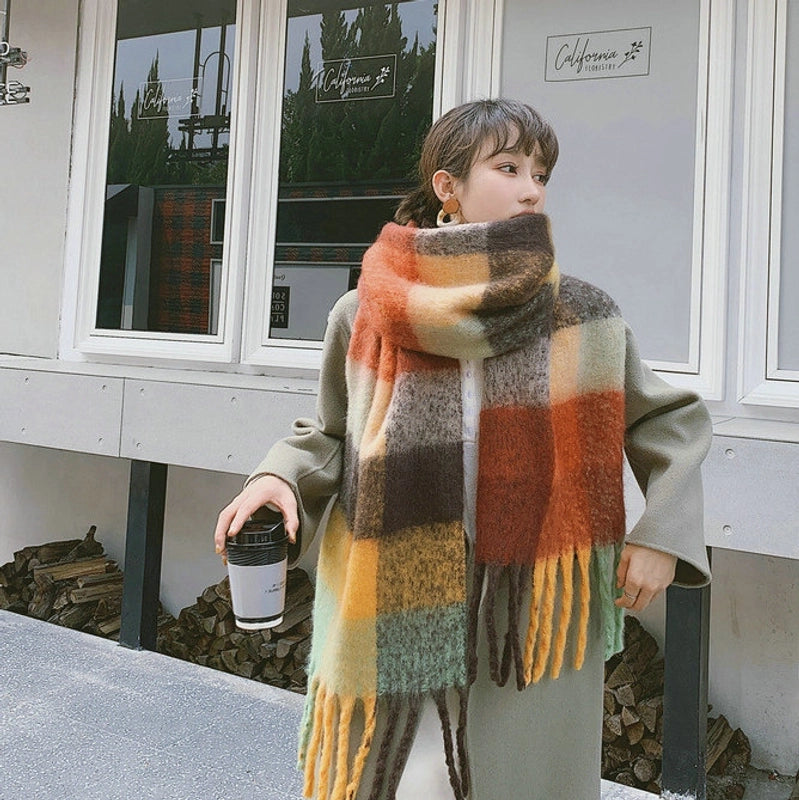 Knock On The Beauty Drop ~ A Big Love Thick Braid Rainbow Checkered Color Matching Scarf Winter Cashmere Plaid Tassel Shawl