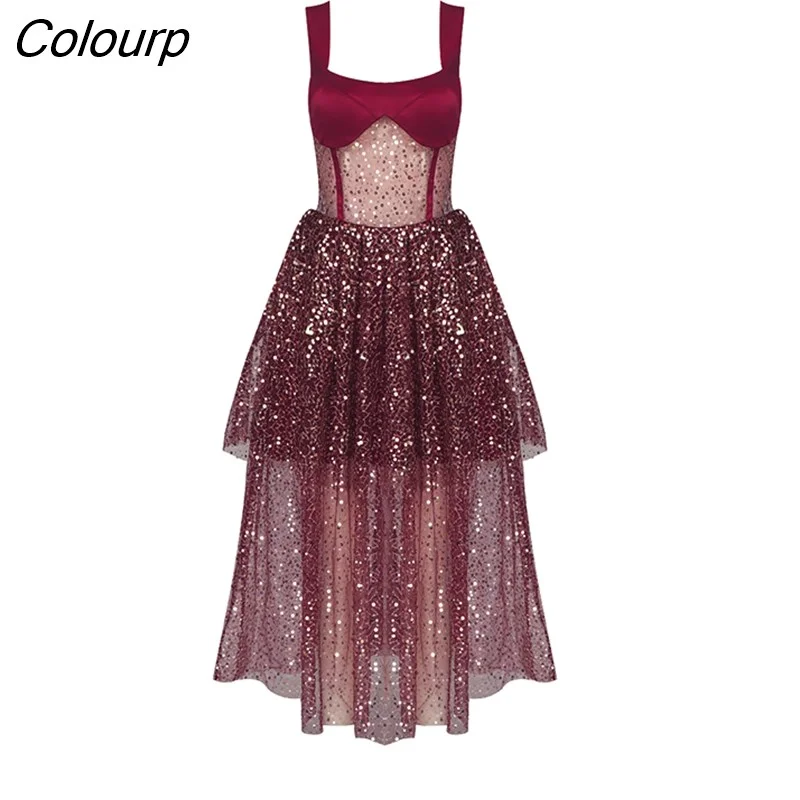 Colourp Quality Black Wine Sparkly Hollow Out Ball Gown Dress Elegant Club Party Dress Vestidos