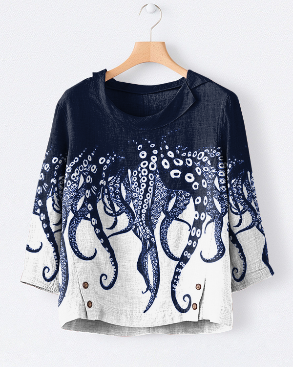 Japanese Octopus Art Print Casual Lapel Top