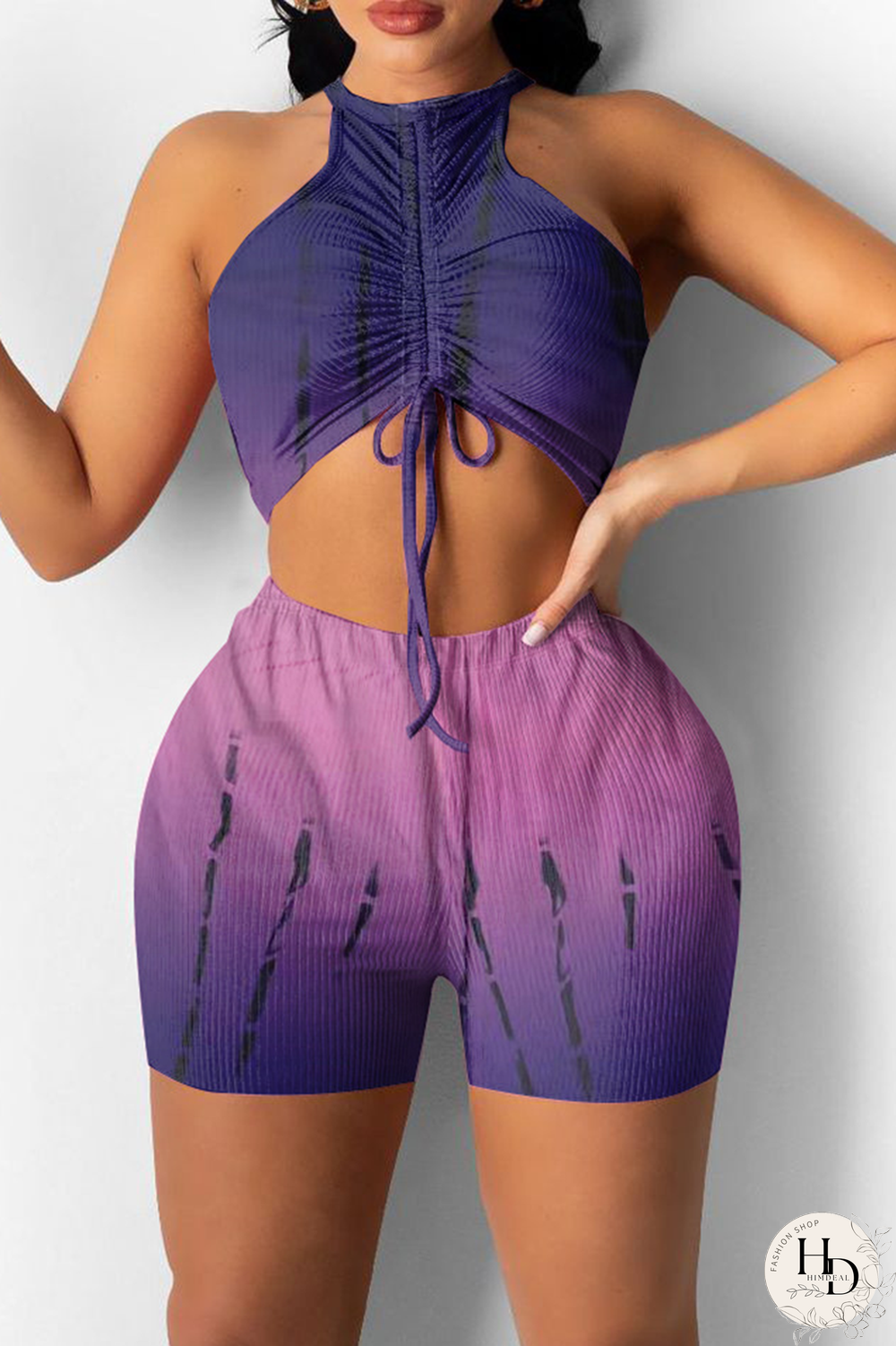 Purple Sexy Print Split Joint O Neck Sleeveless Two Pieces