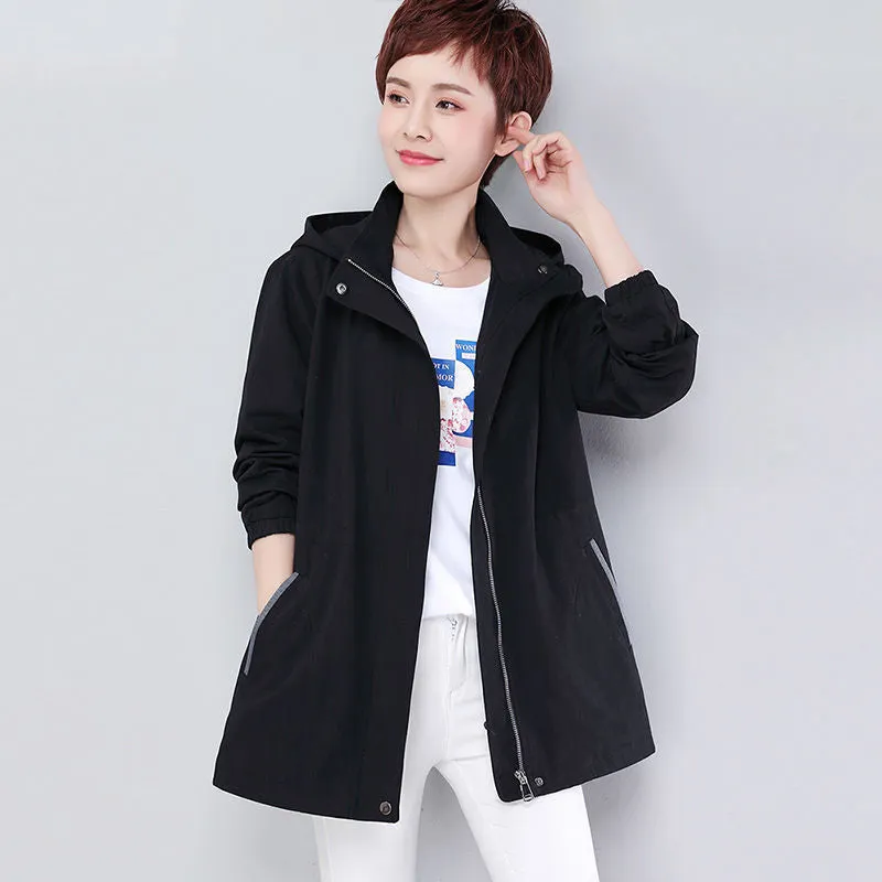Lined Windbreaker Female New Spring Autumn Coat Pure Hooded Outerwear Plus Size 4XL Women Trench Coat Casual Tops Mother Costume